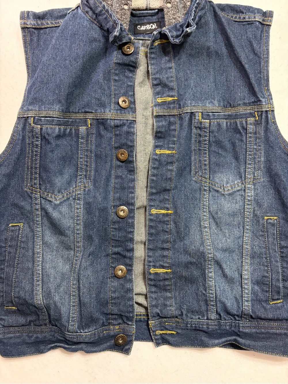 Carbon Blue Denim Sleeveless Vest with Yellow Stitching missing string